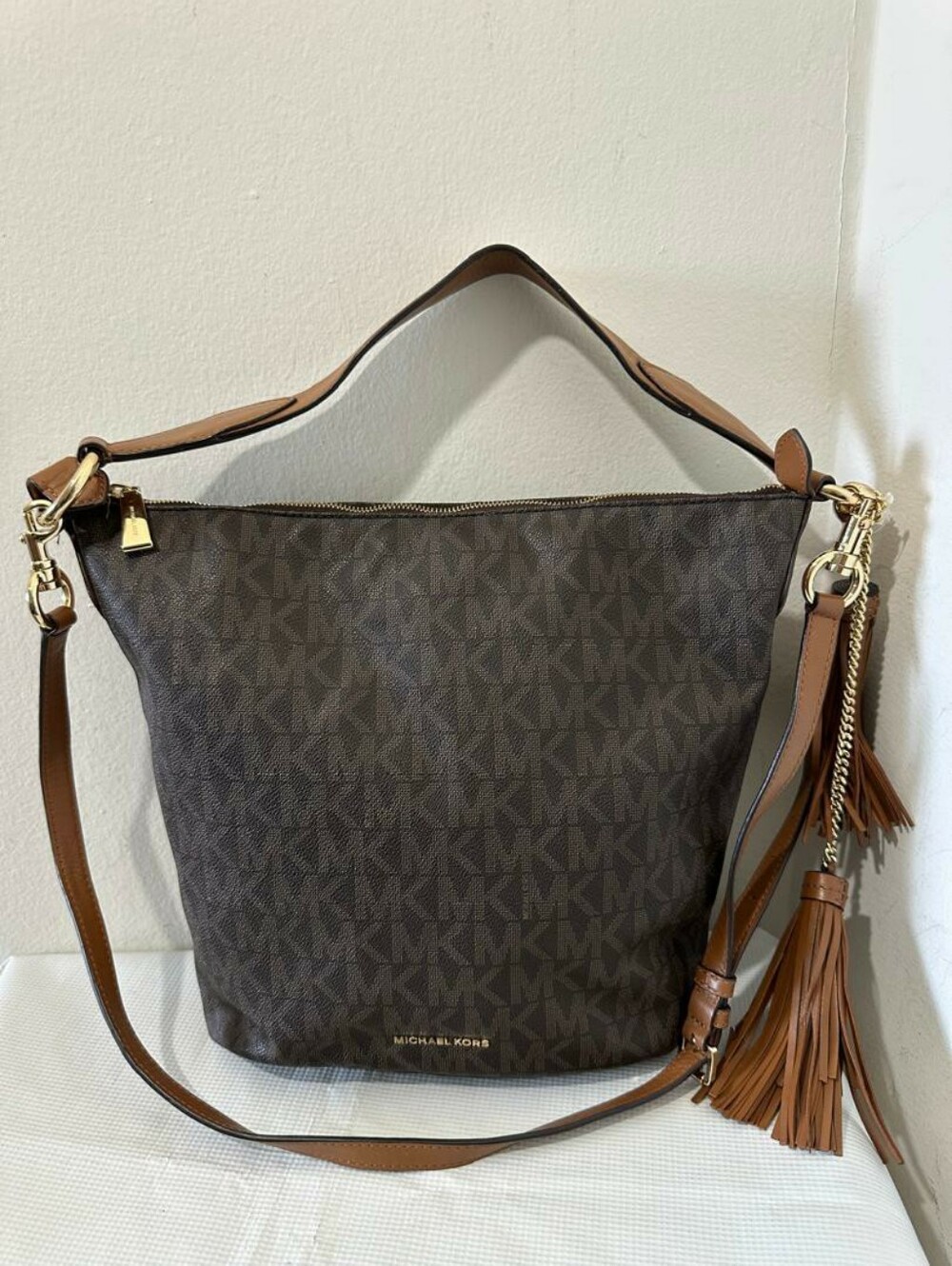 Michael Kors Elana Brown Medium MK Signature PVC Faux Leather Shoulder Bag